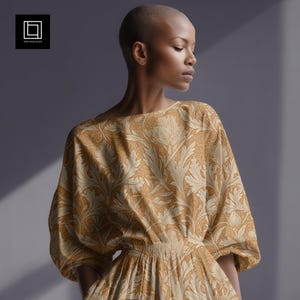 May include: A woman wearing a long-sleeved dress with a floral pattern in shades of beige and brown. The dress has a gathered waist and a loose, flowing silhouette.