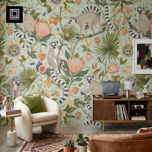 May include: Wallpaper featuring a repeating pattern of ring-tailed lemurs, large pink protea flowers, passion flowers, and tropical foliage on a light green background. The design includes small insects and figs scattered among the botanical elements.