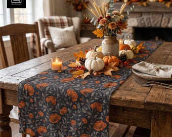 Fall Farmhouse Table Runner Mockup, Linen Fabric Holiday Scene, Autumn Styled PSD Photoshop Smart Object, POD Seamless Pattern Showcase