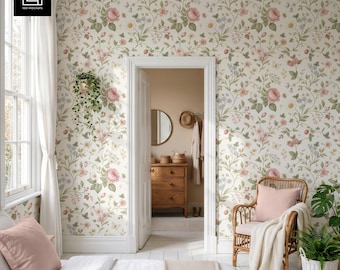 Cottagecore Wallpaper Mockup (Photoshop PSD), Blank Wall Pattern Mock-up, Home Interior Peel-and-stick Wall Covering Decal Preview Template
