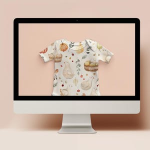 May include: A white baby onesie with a watercolor pattern of birds, pumpkins, leaves, and berries. The onesie is displayed on a computer screen.