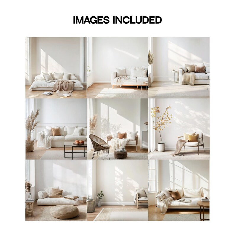 May include: A collection of nine images showcasing different interior design styles featuring white couches, chairs, and beds in a minimalist setting with natural light. The images feature various textures and colors, including beige, brown, and white.