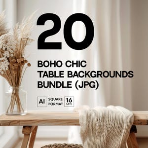 May include: A set of 20 boho chic table backgrounds in a square format, measuring 16 MPX. The image shows a wooden table with a white knitted throw draped over it, and a vase with dried flowers.