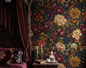 Dark Gothic Bedroom Wallpaper Mockup PSD, Victorian Canopy Bed Candlelight Scene, Smart Object, Digital Download, Photoshop Mockup