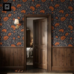May include: A room interior featuring dark wallpaper with an orange floral pattern above wooden wainscoting. A wooden door stands slightly ajar, revealing a glimpse of a bedroom. A wall-mounted lamp with a white shade is attached to the wall.