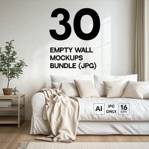 30 Blank Wall Mockup Bundle, White Bright Bedroom Empty Wall Mock-up Set (JPG), Boho Livingroom Decal Art Backdrop, Poster Template Pack