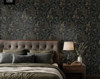 Dark Moody Bedroom Wallpaper Mockup PSD, Tufted Headboard Interior, Smart Object, Seamless Pattern, Digital Download