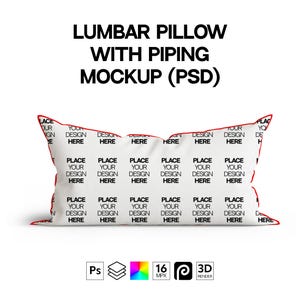 May include: White lumbar pillow mockup with red piping. The pillow is flat and has the text "Place your design here" repeated across the front.