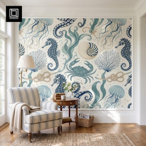 May include: A wall mural featuring a repeating nautical pattern on a cream background. The design includes dark blue seahorses, light blue jellyfish, a central crab, a spiral seashell, green seaweed, and tan rope knots in a detailed illustration.