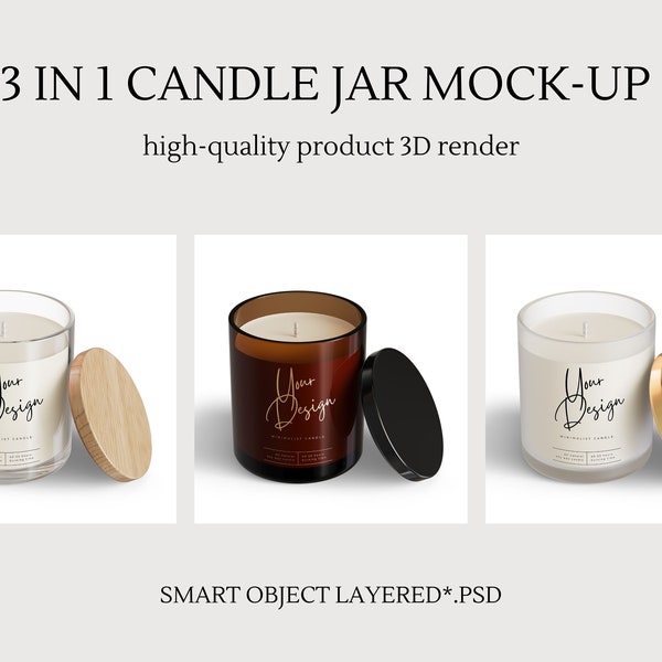 3 in 1 glass candle jar with open lid mock-up, different colors of editable glass container candle packaging template, gold design effect