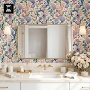 Luxury Bathroom Wallpaper Mockup PSD, Elegant Marble Vanity Scene, Smart Object, Digital Download