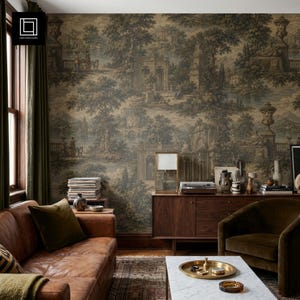 May include: A wall covered in wallpaper featuring a monochromatic brown and tan pastoral landscape scene with classical architectural ruins, trees, and figures. The scene includes ornate stone structures, arched gateways, and urns.