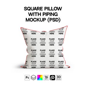 Puede incluir: Una almohada cuadrada blanca con ribete rojo y un patrón repetido que dice "Coloque su diseño aquí". La almohada está sobre un fondo blanco. El texto "Square Pillow with Piping Mockup (PSD)" está encima de la almohada.