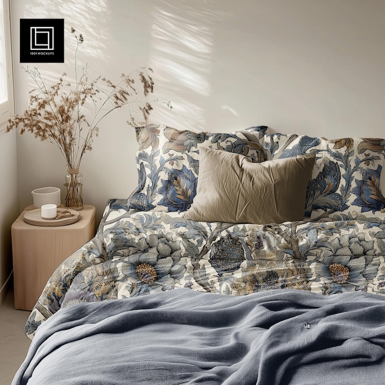 Bed Linen Mockup (PSD Smart Object), Realistic Bedding Fabric Pattern ...