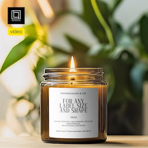 Maquette vidéo de bougie (PSD), modèle de pot de bougie en verre ambré de style naturel éditable, maquette réaliste animée de bougie allumée, vue de face