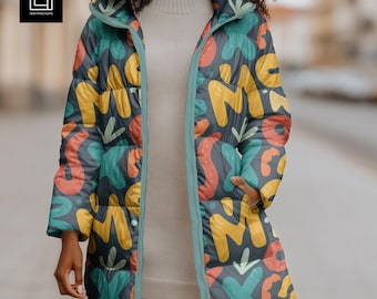 Puffer Coat Mockup (PSD), Modern Woman City Street Style Apparel Fabric Mock-up, Editable Textile Template, Seamless Surface Pattern Preview