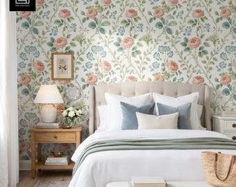Grandmillennial Bedroom Wallpaper Mockup | Editable Interior Scene Template | Digital Home Decor Preview | PSD PNG for Photoshop and Canva