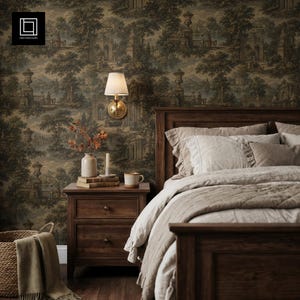 May include: A bedroom scene featuring a dark wood bed frame with beige ruffled bedding, a matching wooden nightstand, and a wall-mounted brass lamp with a white pleated shade. The wall is covered in dark-toned wallpaper with a landscape print.