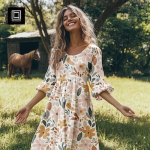 Countryside Longsleeve Dress Mockup (Photoshop), Realistic Fabric Model Mock-up, Closeup Natural Textile Template, Seamless Pattern Preview