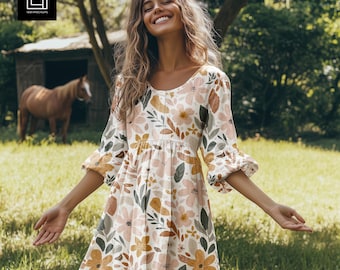 May include: A cream-colored midi dress featuring a repeating floral pattern in shades of muted orange, soft pink, and dark green. The dress has a round neckline, three-quarter length puff sleeves with gathered cuffs, and a gathered waistline.