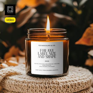 Fall Video Candle Mockup PSD, Editable Motion Amber Glass Candle Jar Template, Styled Cozy Realistic Lit Candle Animated Mock-up, POD Brand