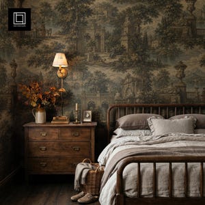 Fall Farmhouse Bedroom Wallpaper Mockup PSD PNG, Dark Rustic Bedroom Smart Object Photoshop Mockup, Seamless Pattern Digital Download