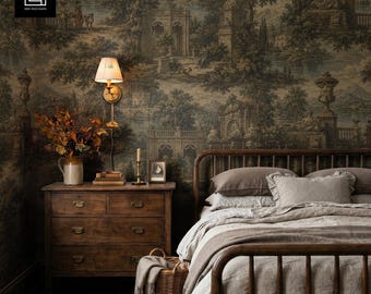 Fall Farmhouse Bedroom Wallpaper Mockup PSD PNG, Dark Rustic Bedroom Smart Object Photoshop Mockup, POD Seamless Pattern Preview Realistic
