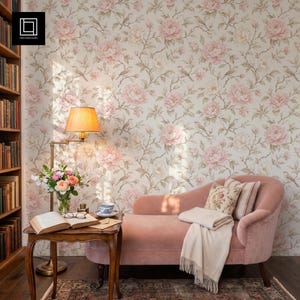 May include: Wallpaper featuring a repeating pattern of soft pink peonies and small birds on a cream background. The design includes delicate brown branches and green leaves, creating a floral motif that covers the entire surface of the wall.