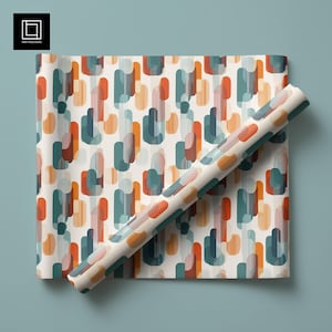 May include: A roll of patterned wrapping paper with a repeating design of vertical, rounded rectangles in teal, orange, and rust colors on an off-white background. A second roll is partially unrolled, displaying the same pattern.