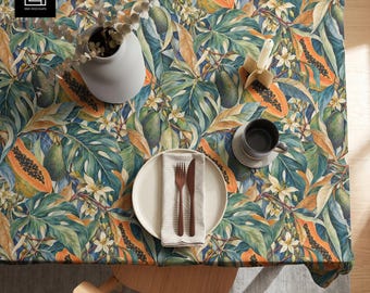 Tropical Tablecloth Mockup PSD, Photoshop Smart Object Fabric Mockup, Dining Table Scene, Lush Botanical Pattern Display, POD Seller