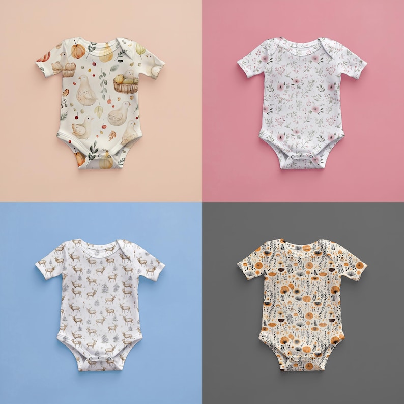 May include: Four baby onesies with different patterns. The onesies are white with short sleeves and have a variety of fall-themed prints, including birds, pumpkins, leaves, deer, and flowers.