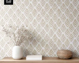 Mockup di carta da parati PSD PNG JPG / Parete minimalista con consolle in legno, vaso e cestino / Scena interna per Photoshop e Canva