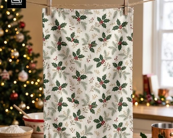Tea Towel Mockup PSD, Winter 2027 Farmhouse Kitchen Textile, Christmas Scene, Photoshop Smart Object, POD Seamless Pattern, Fabric Display