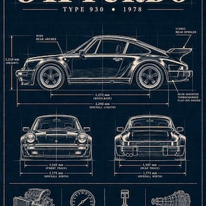 Pode incluir: Um poster de planta técnica azul-escuro de um Porsche 911 Turbo Type 930 de 1978. Exibe vistas laterais, frontais e traseiras com dimensões em milímetros, além de ilustrações do motor de 3.299 cc, um manómetro, um pistão e a caixa manual de 4.