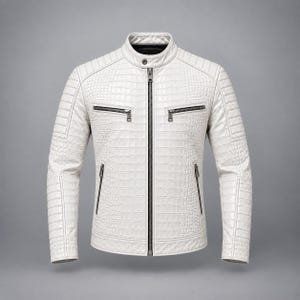 May include: A white jacket with a textured crocodile skin pattern, featuring a stand-up collar with a snap button, a full-length front zip, two zipped chest pockets, and two zipped side pockets, with quilted detailing on the shoulders.