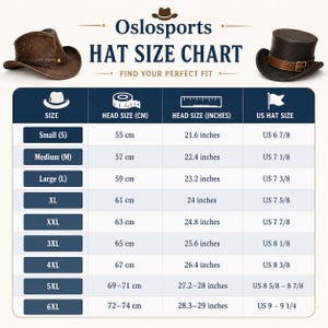 Op de afbeelding: Een Oslosports hoedenmaattabel met een bruine cowboyhoed links en een donkerbruine hoge hoed rechts. De tabel toont maten van Small tot 6XL en vermeldt hoofdomtrek in centimeters, inches en de bijbehorende Amerikaanse hoedmaten.