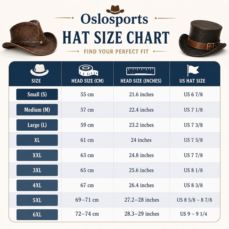 Op de afbeelding: Een Oslosports hoedenmaattabel met een bruine cowboyhoed links en een donkerbruine hoge hoed rechts. De tabel toont maten van Small tot 6XL en vermeldt hoofdomtrek in centimeters, inches en de bijbehorende Amerikaanse hoedmaten.