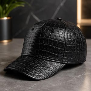 Pode incluir: Um boné de beisebol preto com um padrão de textura de pele de crocodilo em toda a superfície. O boné possui uma copa estruturada, aba curva, um pequeno botão no topo central e ilhós costurados nos painéis laterais.