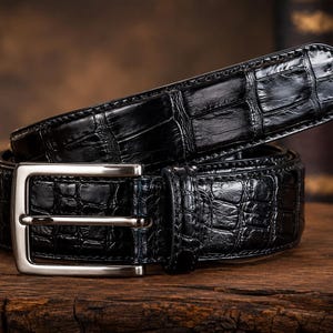 Puede incluir: Un cinturón negro con un acabado brillante y texturizado que recuerda a la piel de caimán. El cinturón cuenta con una hebilla rectangular de metal plateado con un solo perno y una trabilla de cuero a juego, de diseño estructurado.