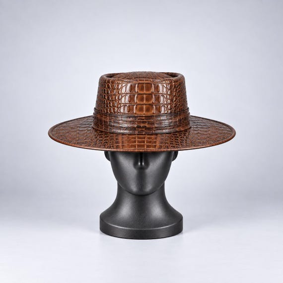 Brown Crocodile Embossed Leather Hat, Wide Brim Western Hat, Cowboy Fedora Hat, Exotic Leather Style Hat, Fastival Fashion, Gift idie