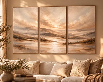 霧のかかった地平線｜ニュートラルな風景の三連画、ベージュのプリント可能な壁掛けアート、3ピースのデジタルダウンロード
