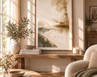スローモーニングのプリント可能なウォールアート、ニュートラルなホームデコレーション、ベージュのデジタルダウンロード