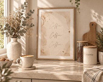 コーヒーコーヒーコーヒープリントウォールアート、ニュートラルなホームデコレーション、ベージュデジタルダウンロード
