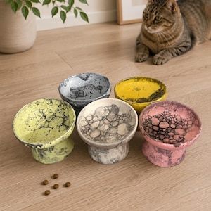 May include: Five elevated ceramic pet bowls with a pedestal base, each featuring a unique bubble-like glaze pattern in lime green, grey, yellow, white, and pink. The bowls are arranged in a cluster with a few small brown kibble pieces nearby.