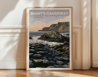 Giants Causeway Travel Poster, Northern Ireland Wall Art Print, Coastal Landmark Decor