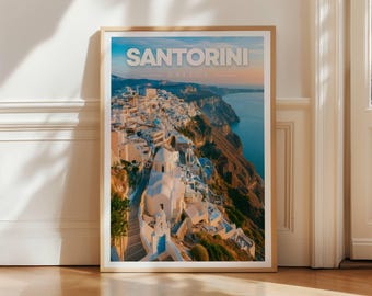 Santorini Fira Travel Poster, Greece Caldera Wall Art Print, Greek Island Decor