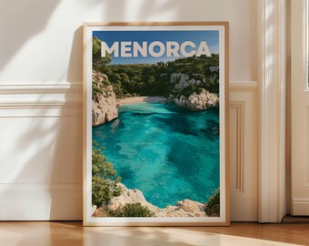 Menorca Cala Macarella Travel Poster, Spain Coastal Wall Art Print, Balearic Islands Beach Decor