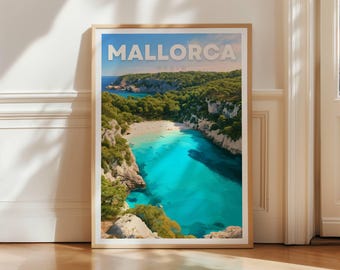 Mallorca Travel Poster, Spain Coastal Cove Wall Art Print, Balearic Islands Beach Decor
