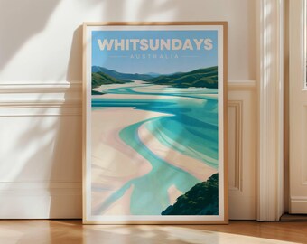 Whitsundays Australia Travel Poster, Whitehaven Beach Wall Art Print, Queensland Coastal Decor