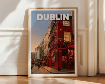 Dublin Temple Bar Travel Poster, Ireland Pub Street Wall Art Print, Irish City Decor
